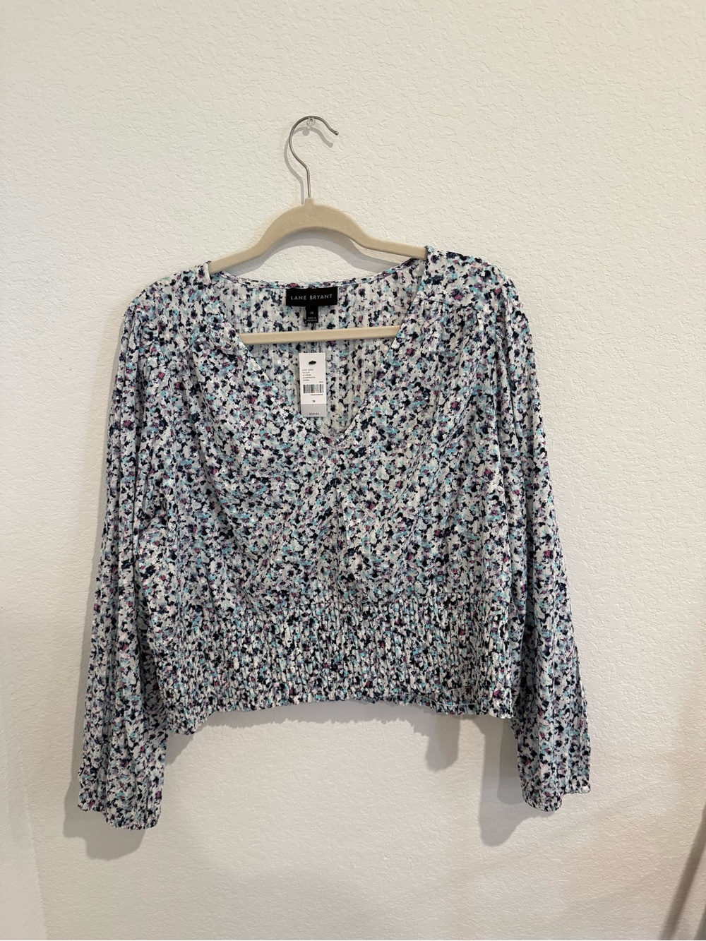 Lane Bryant White and Blue Floral Smocked-Hem Blouse